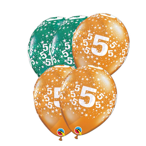 5th Birthday Jewel Orange And Green Star Print Latex Balloons 5 Pack